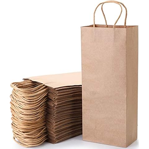 WUWEOT 50 Pack Kraft Paper Bags, 5.4"x3.3"x13" Recyclable Brown Wine Bags Paper Gift Bags Retail Bags Shipping Bags With Handles Bulk Cover
