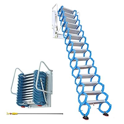 INTSUPERMAI Attic Ladder Loft Stairs Attic Stairs Pull Down 14 Steps Wall Mounted Folding Stairs with Scissor Structure Retractable Alloy Attic Access 11.5ft Height with Armrests for Home Refit Blue