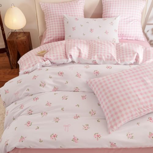 Image of Duvet Cover Twin Pink White Floral Plaid Reversible Bedding Set