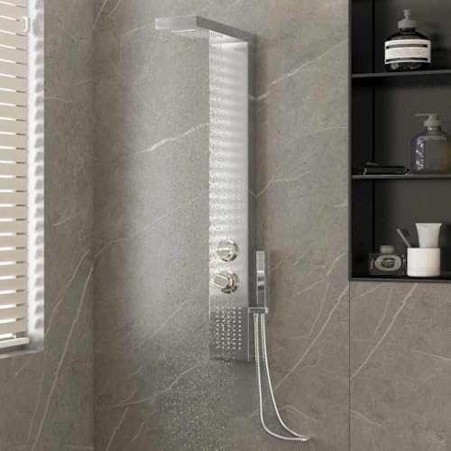 Ziaphsol Sistema de panel de ducha cuadrado de acero inoxidable 201, superficie cepillada, 4 modos de chorro con cabezal de ducha manual, 150 boquillas, 15 x 47 x 114 cm, para baño y ducha