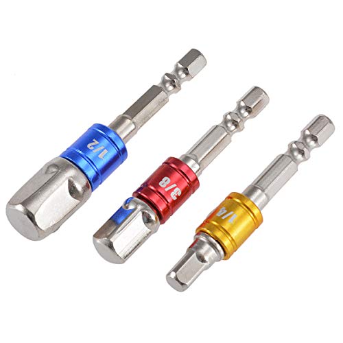 KATUR Lot de 3 adaptateurs de douille pour outils à main électriques, tournevis à écrou, perceuses électriques, adaptateur d'embout à douille à choc 6,35 mm, tige hexagonale 6,35 mm, 12,7 mm