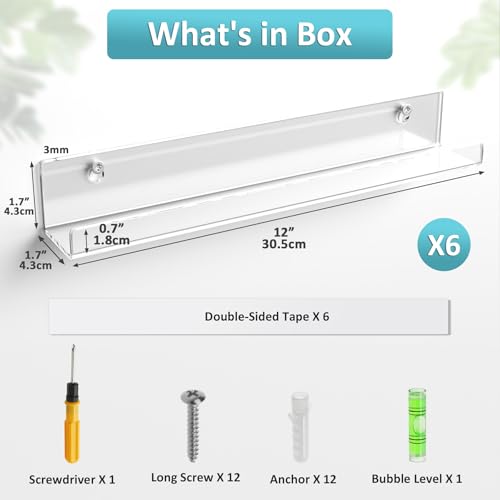 6 Pack Vinyl Record Wall Mount, Self-Adhesive 12" Vinyl Shelf Holder for Album Record Display, Clear Acrylic Floating Shelves for Living Room, Bathroom, Bedroom