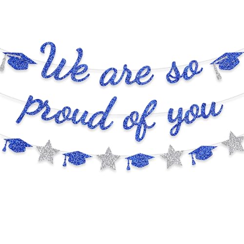 Image of We Are So Proud Of You Banner Graduation Party Decorations Glitter Congratulations Class Grad Ideas Blue Silver