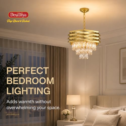 Image of Desidiya Led Modern Crystal 400mm Golden Finish 7 Metal Square Layered 3 Tier Chandelier | Decorative Hanging False Ceiling Led Light for Living Room Ceiling Light Decorative for Drawing Room