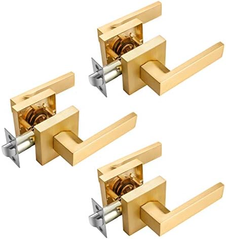EHOMEWARE 3 Pack Passage Door Knob Set Interior Door Handles, Closet Door Levers in Satin Brass Finish, Hallway/Closet Door Lever Set Indoor Door Handle Set for Right/Left Handed Doors