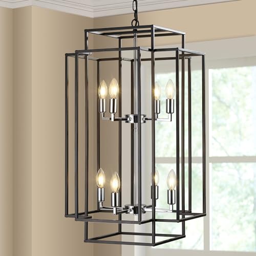 GOWE 8-Lights Lantern Tiered Pendant Light Fixtures, Industrial Farmhouse Hanging Chandelier for Entryway, Foyer, Living Room, Kitchen Island, Staircase(Black & Silver)