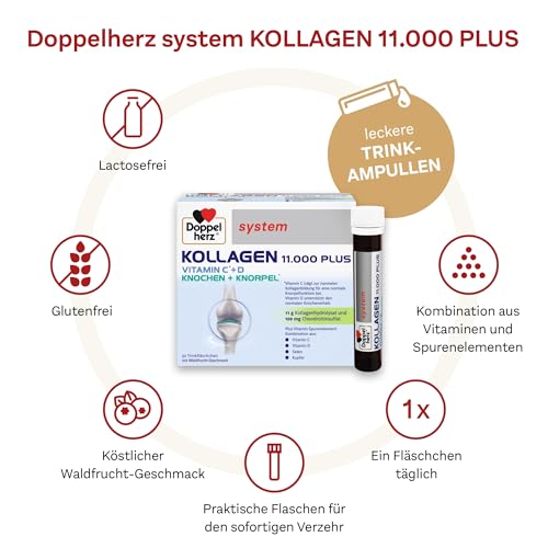 Doppelherz system KOLLAGEN 11.000 PLUS – Mit Nährstoffen, die zur Gesundheit des Bewegungsapparates und zum Zellschutz beitragen – 2x 30 Trinkfläschchen