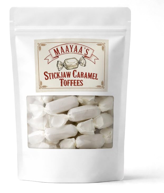 Maayaa's Stickjaw Caramel Toffees, Soft Chewy Traditional Candy, Individually Wrapped Old-Fashioned Treats, Resealable Zip Pouch, Classic Homemade Style Sweets, 400g Pack