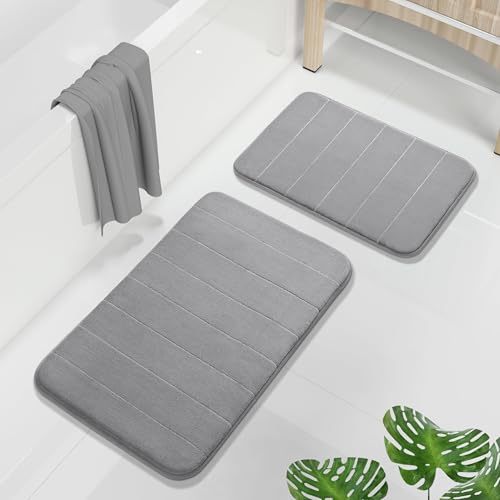 Yimobra Memory Foam Bathroom Rugs Sets 2 Piece - Super Soft Absorbent Quick Dry Bath Mat Set, Machine Washable Non Slip Floor Carpet for Tub Shower & Single Sink (17x24 & 31.5x20 Inch, Gray)