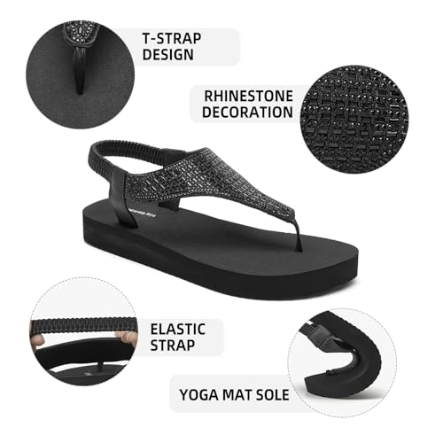 SelenePair Women's T-strap Thong Flat Sandals Summer Rhinestone Bling Elastic Yoga Mat Flip Flops3