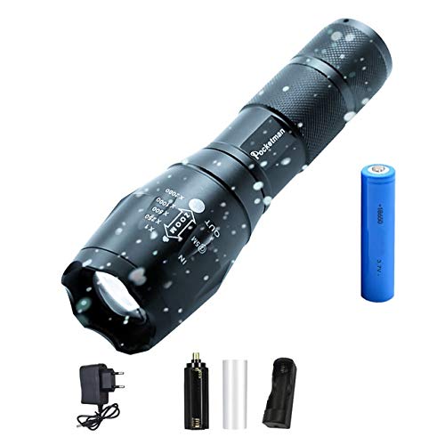 Torche Lampe de Poche Led Rechargeable, CREE 2500 lumens XML T6 Tactique Ultra Puissante Militaire, 5 Modes Intensité Ajustable Zoomable (18650 Pile Rechargeable incluse)