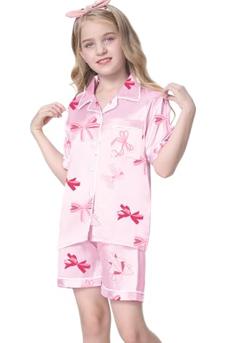 Image of Umeyda Women & Girls Pajamas Set, Soft Satin Lightweight Silk Button-Down Top with Shorts 2 Piece PJS for Mom Boys Kids Gifts