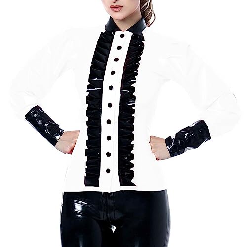 Glossy PVC Leather Color Block Slim Shirt Frills Long Sleeve Womens Turn-Down Collar Blouse2