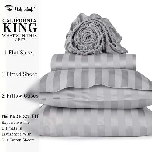 URBANHUT 800 Thread Count Egyptian Cotton California King Damask Striped Sheets Set (4 Pc) - Ultra Soft & Smooth, Thick Sateen Weave Calking Striped Bedsheets with 16" Deep Pockets - Silver Grey
