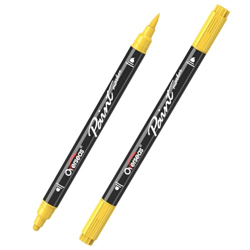 Overseas Yellow Acrylic Paint Markers 2 Pack Dual Tip Paint Pens Acrylic Markers with Dot and Brush Tip Coloring Marker for Wood Rock Canvas Glass Metal Plastic Fabric School Supplies