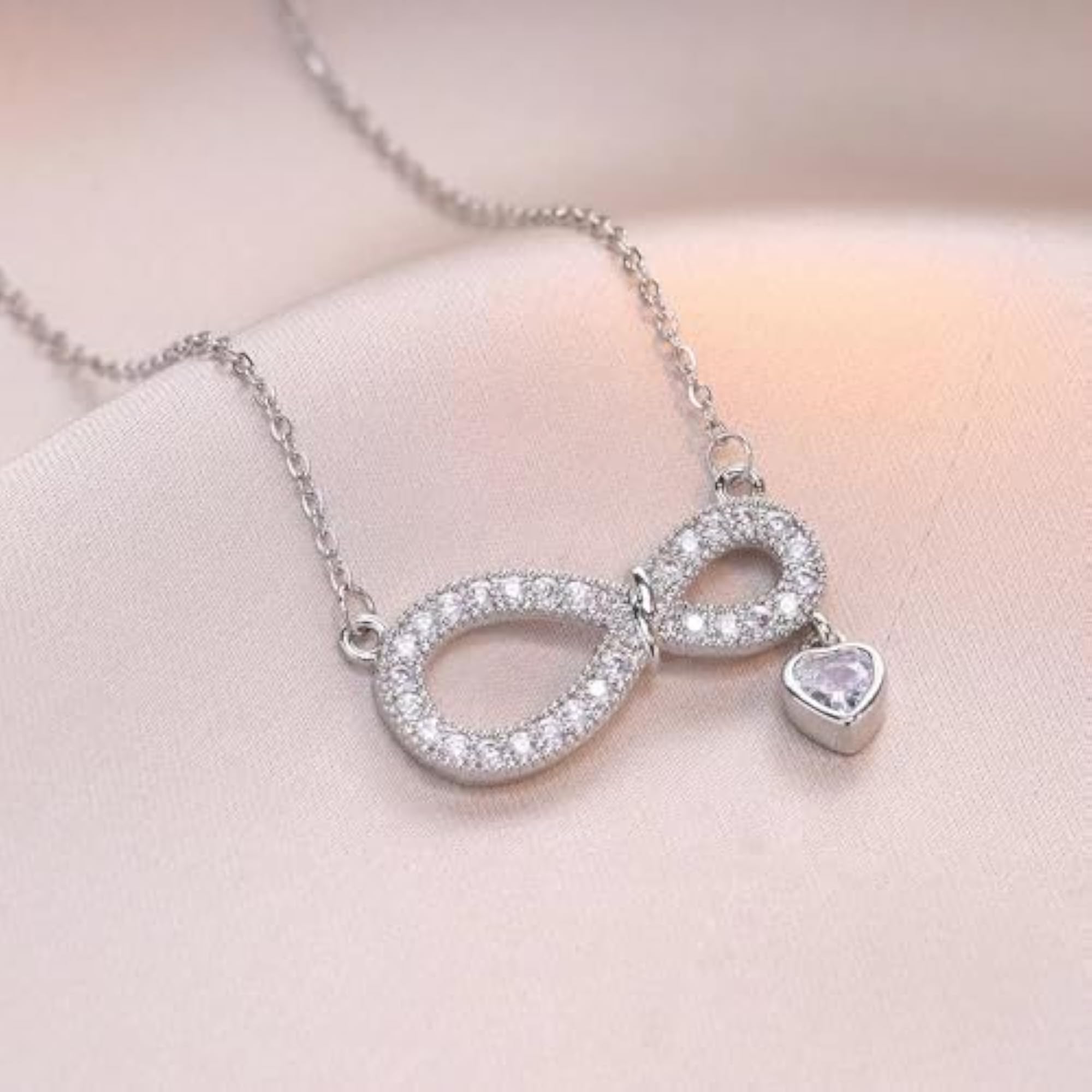 Silver AD Diamond Stone Infinity Heart Pendant Necklace