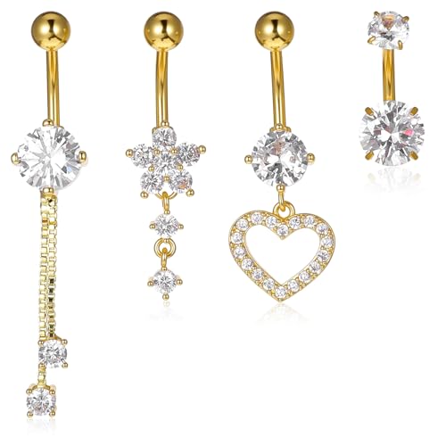 Cobee 4 Stück Bauchnabelpiercing Edelstahl, 10mm Chirurgenstahl Gold Bauchpiercing Piercing Bauchnabel Lang Schmuck mit Strass Anhänger für Frauen (4 Stile)