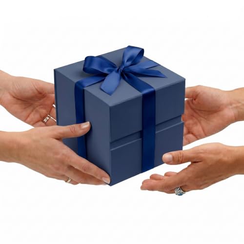 Image of LIFELUM Navy Blue Gift Box 7 x 7 x 7 inch, 1 Pack Magnetic Closure Gift Box for Presents with Ribbon, Card, Shredded Paper Filler for Graduation, Business, Wedding, Birthdays
