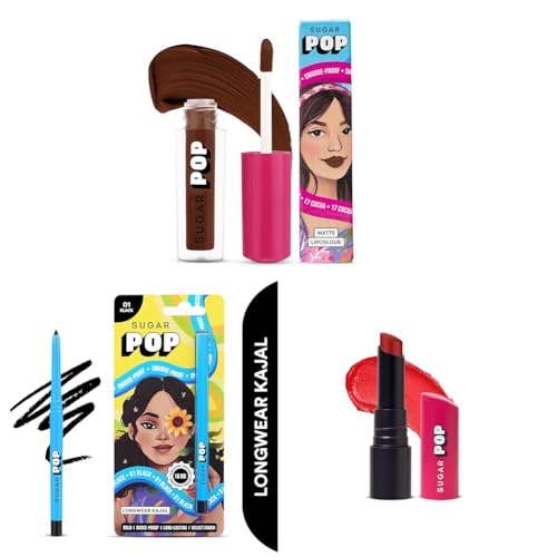 SUGAR POP Matte Lipcolour [Cocoa Shade] (1.6ml), 16Hr Longwear Kajal [Waterproof Black] (0.3g), Ultrastay Matte Lipstick [Garnet Glam] (4g) | For Bold Eye & Lip Look