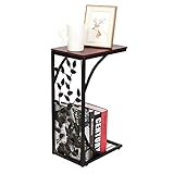 C Shaped End Table, Brown Slim Side Table 8 inch Wide Snack Table with Metal Frame and Leaf Design,...