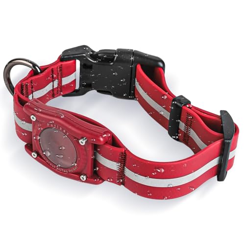 PetIsay Wasserdichtes Hundehalsband mit integriertem AirTag-Halter, IP68-bewertet, reflektierend, verstellbar, Biothane-Halsband für kleine, mittelgroße und große Hunde (Rot, L)