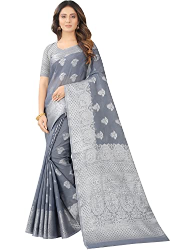 Sari en soie drapé chic gris à motif cachemire argenté pour mariages et soirées de gala