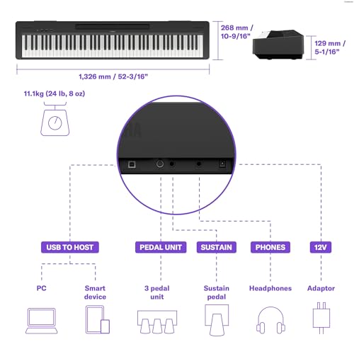 Image of Yamaha 88-Key Digital Piano with Weighted Keys, Compact Design, Bluetooth, Keyboard, Music Rest, Sustain Foot Switch, and Built-in Speakers for Home Practice or Travel P145BT