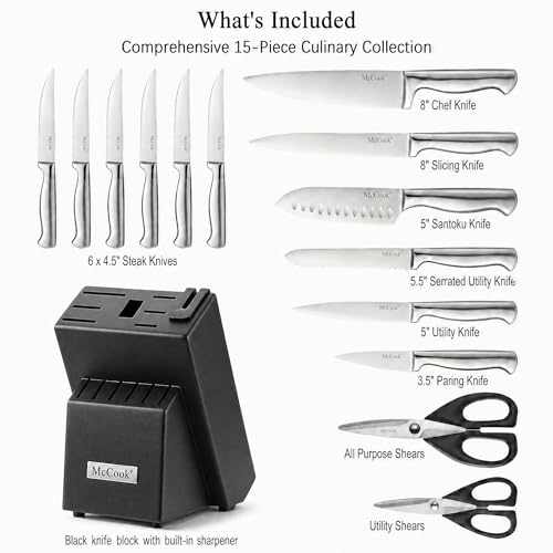 Image of McCook Knife Sets, German Stainless Steel Knife Block Sets with Built-in Sharpener, 15 Piece Chef Knife and More, Razor Sharp, Restaurant Grade, Anti-Rust, Elegant Box for Gift