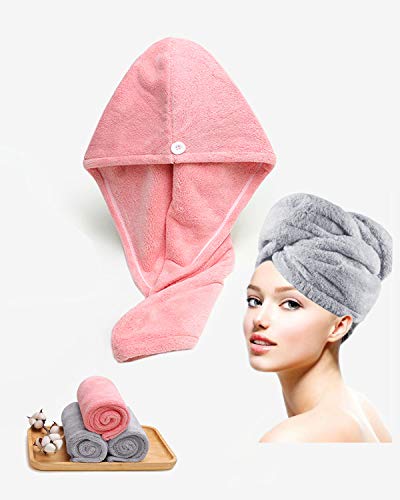 Lumimi Set van 2 haartulband, hoofdhanddoek van microvezel, extra absorberend, sneldrogend, pluizig, knoopsluiting, roze-grijs - Image 3