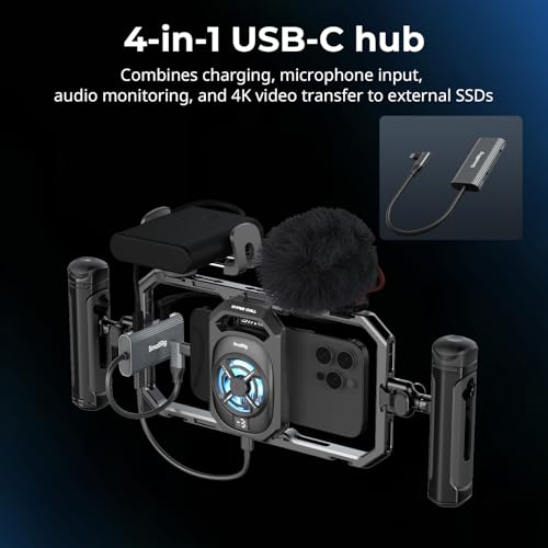SMALLRIG All-in-One-Kühl-Handyhalterung mit Doppelgriff für iPhone/Android,15W-Aktivkühler, 4-in-1-USB-C-Hub & Powerbank-Halterung, Universell Kompatibel mit 2,5-3,1\ Phones, für Live-Streaming – 5276