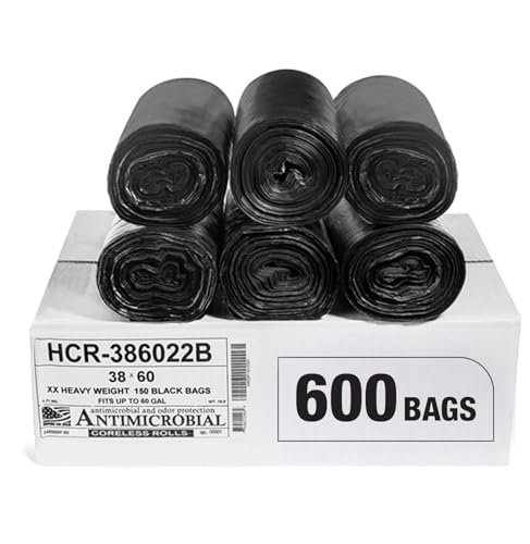 Image of Aluf Plastics High Density Trash Bags, 60 Gallon, 600 Count, 22 Micron (eq), 38 inch x 60 inch, Black, for Bathroom, Office, Industrial, Commercial, Janitorial, Municipal, Recycling