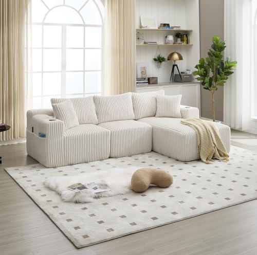 REXO Juego de sofá modular: chaise longue + funda de pana suave de 2 plazas, combinación de 5 cojines, bolsillos laterales, soporte para bebidas, espuma de alta densidad, ideal para salón, apartamento