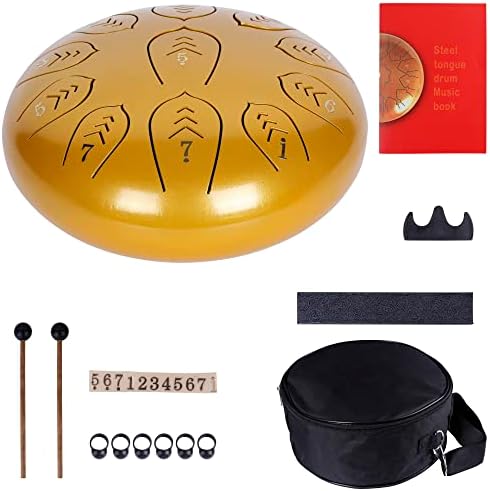 Playwell 10 Inches 11 Note Steel Tongue Drum Set - Includes Bag, Music Book, Drumsticks, Mallet Holder, and Finger Paddles - Perfect for Camping, Meditation, or Yoga (10"11Note Gold)"