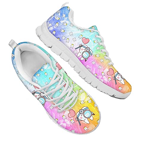 Dolyues Schön Niedlich Karikatur Zahn/Zahnarzt Muster Damen Gittergewebe Laufschuhe, Lässige Schnürschuhe Flach Sport Sportlich Tennisschuhe Leicht Atmungsaktiv (Mehrfarbig)