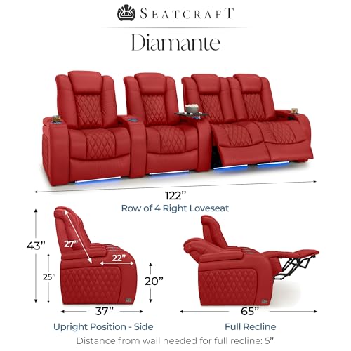 Image of Seatcraft Diamante Red Italian Leather Home Theater Seating, Zero Gravity Power Recliner Gaming and Home Office Chair, Powered Headrest Lounge Sofa Furniture for Cinema Room, Row of 4 Right Loveseats