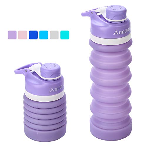 Anntrue Collapsible Silicone Water Bottle 18oz, 100% Free of BPA, FDA Approved Food-Grade