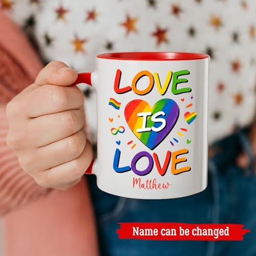 Cenluxy Love Is Love Ceramic Mug, Customized Pride Rainbow LGBT Coffee Mug, Personalized Name LGBT Accent Cup 11oz 15oz, LGBTQ Teacup Gifts for Gay/Lesbian/Transgender/Bisexual, LGBTQ Supporter Mugs