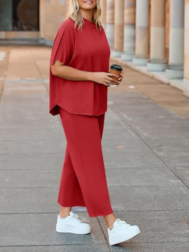 Image of Beautife Women's Plus Size 2 Piece Outfits 3 /4 Batwing Sleeve Capelet Crew Neck Pullover Top Wide Leg Pants Lounge Set