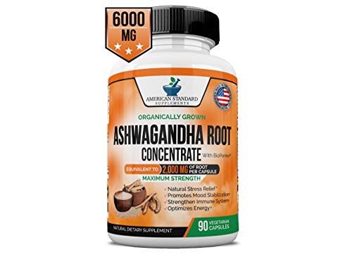 Ashwagandha, 6000mg per Serving, 2000 mg per Capsule, Organic Ashwagandha Root Powder, BioPerine Black Pepper Extract, Natural Stress Relief, Anxiety Relief, Thyroid Support, Mood Boost, 90 Vegan Caps
