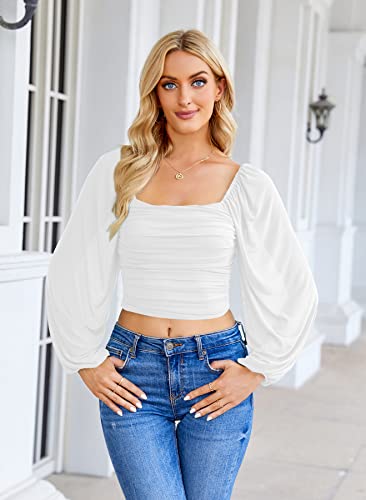 Wenrine Womens Mesh Long Sleeve Crop Tops Night Going Out Square Neck Off The Shoulder Ruched Shirt Blouses Dressy Casual2