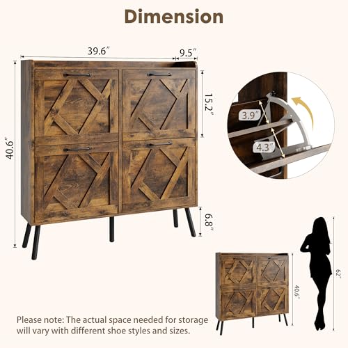 Image of Nicetree Shoe Cabinet Storage for Entryway, Freestanding Shoe Storage Cabinet, Farmhouse Narrow Shoe Rack Cabinet for Entryway, Foyer, Hallway, Shoe Cabinet 4 Flip Drawers