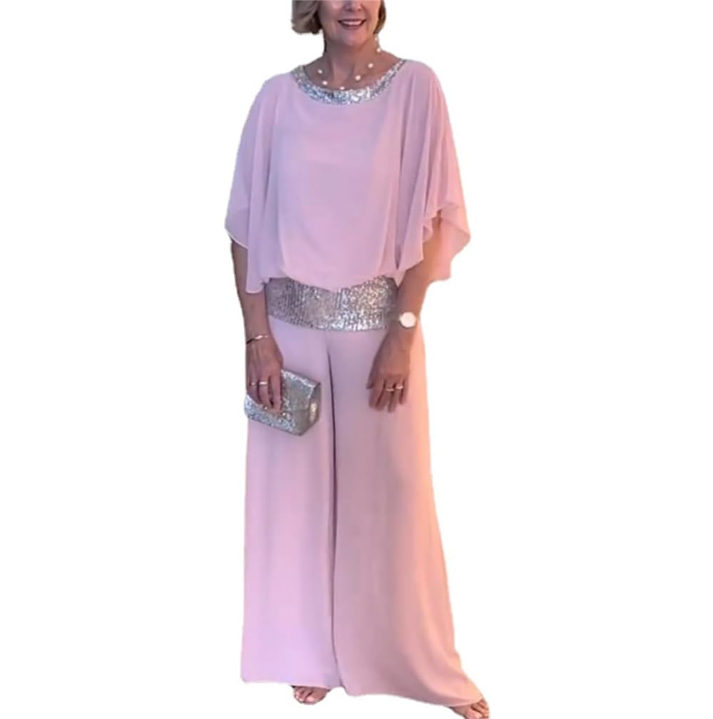 SUYUKU Conjunto elegante de 2 piezas con lentejuelas para mujer, holgado, color sólido, casual, de dos piezas, de gasa de verano, pantalones semiformales, trajes para boda, fiesta de noche, pantalones