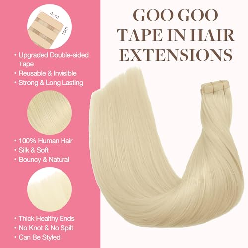 GOO GOO Tape in Hair Extensions human hair, tape Hair Extensions, 16inch 50g 20pcs, Human Hair Extensions, 60A Platinum Blonde - Image 2