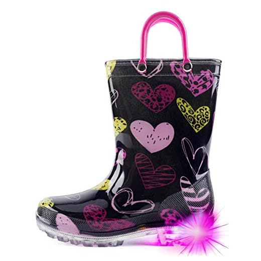 HugRain Botas de chuva leves para crianças pequenas, Coração rosa preto, 9 Toddler