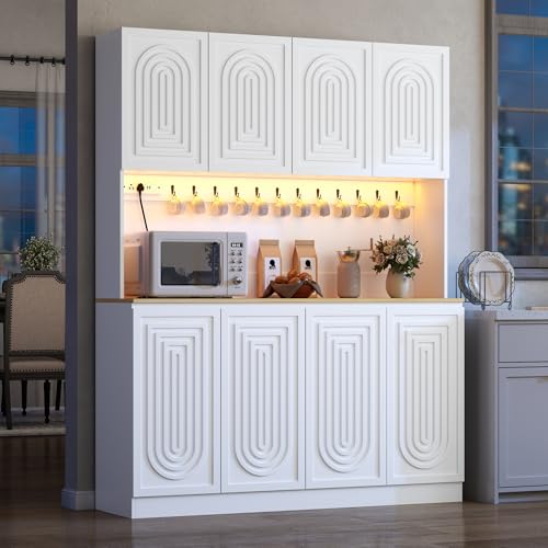 Image of 71 inch White Kitchen Pantry with Power Outlet & LED Light, Large Kitchen Hutch Cabinet with Adjustable Shelf, Modern Buffet Cabinet with 8 Doors, Food Pantry Storage for Dining Room (White 8 Doors)