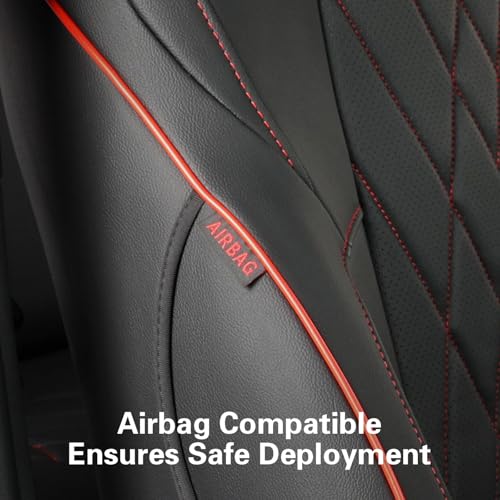 Image of EKR Custom Fit Tacoma Front Car Seat Covers for Toyota Tacoma (Petrol & Hybrid) 2024 2025 2026 Double cab SR /SR5 /TRD Sport /TRD Off-Road /Limited - Front Row Only,Faux Leather(Black with Red Trim)
