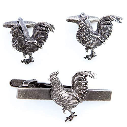 MRCUFF Chicken Rooster Gunmetal Black Pair Cufflinks and Tie Bar in a Presentation Gift Box with Polishing Cloth2