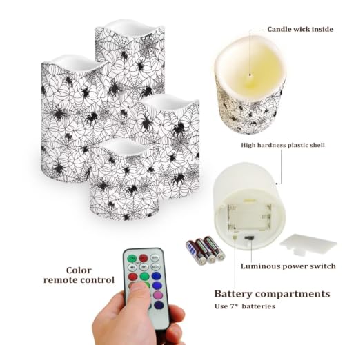 Image of Halloween Spider Web Print Flameless Candles Set of 4 | Flameless Candles with Remote Control Flickering LED Candles with Timer for Halloween Party Patio Celebration Accents