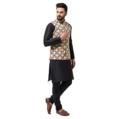 Image of SOJANYA (Since 1958 Men's Silk Blend Black Kurta Pyjama & Printed Nehrujacket Combo