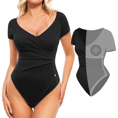 Popilush Short Sleeve Shapewear Bodysuits for Women Tummy Control Black L - image 1